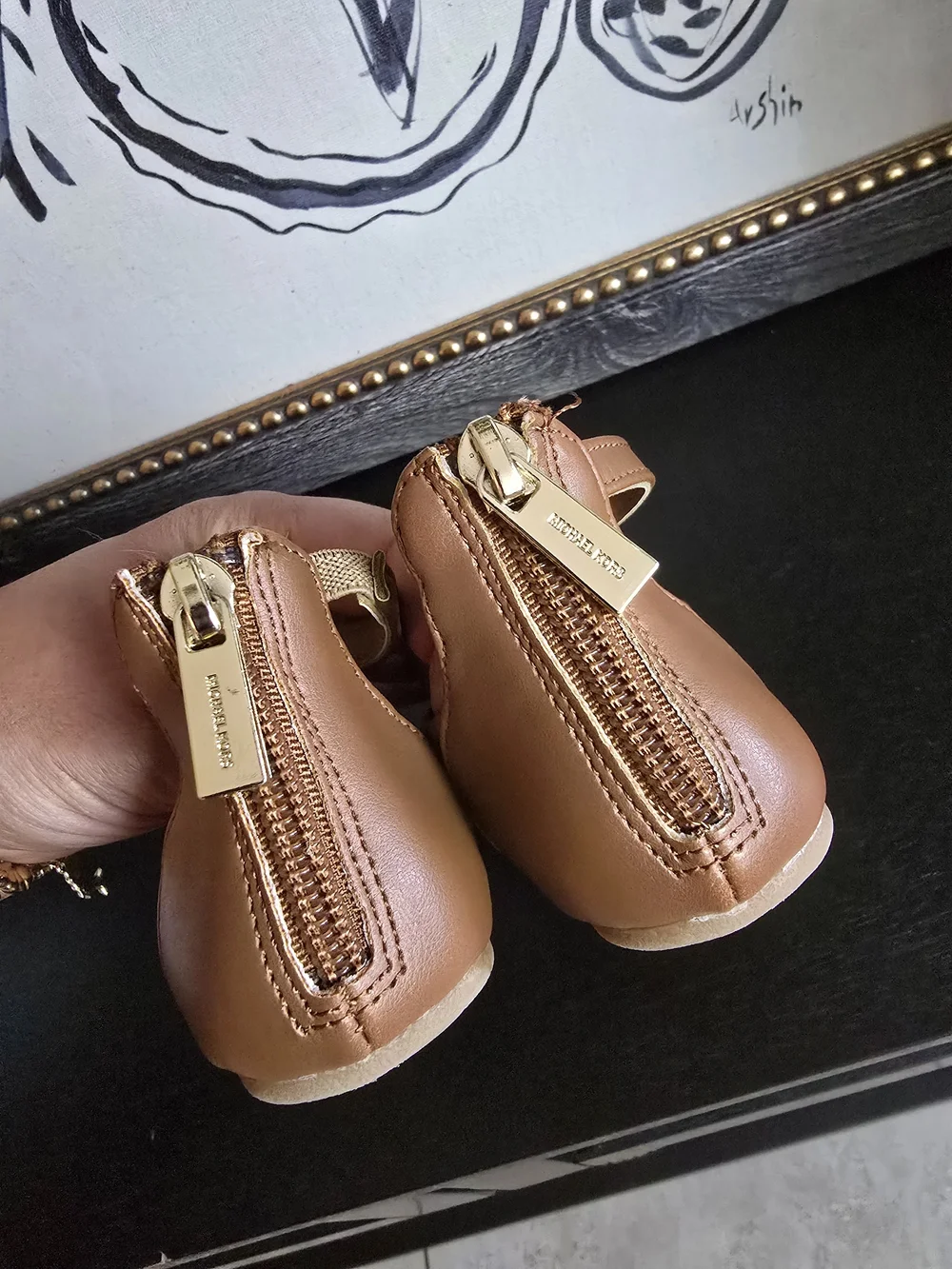 Michael Kors Girls Tan Brown Bow Ankle-Strap Flats